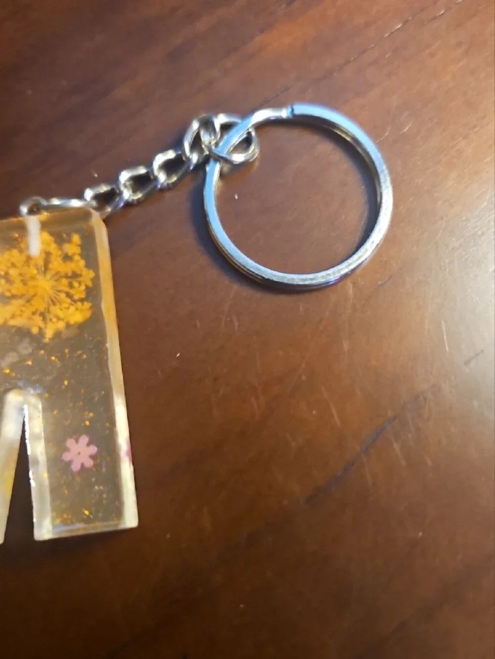 Letter M Resin Keychain with Pink Floral Inlay